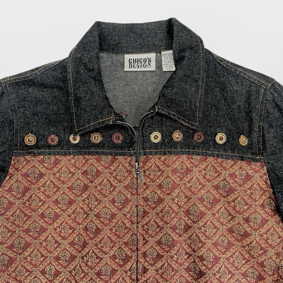 Chico's Denim Jean Jacket Womens‎ Sz 0 Small 4 Tapestry Black Burgundy Boho Wool - Picture 2 of 10